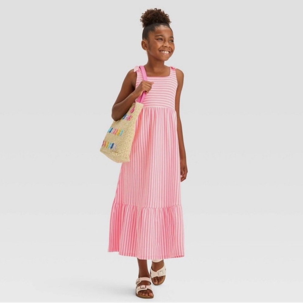 Girls' Striped Knit Maxi Dress - Cat & Jack™ Neon Pink L 10/12 - Picture 3 of 6